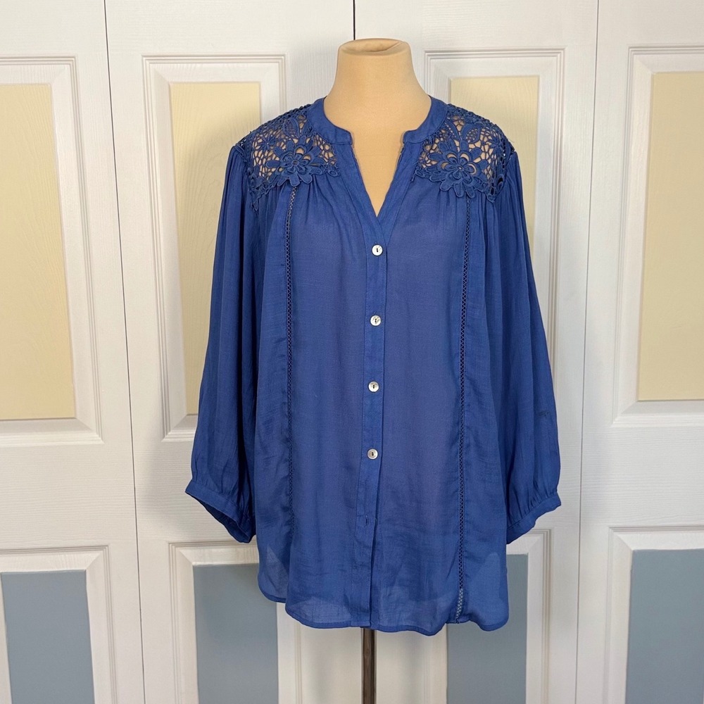Figueroa & Flower Blue Crochet Lace Shoulder Blouse Button Front Top TAY114 XL